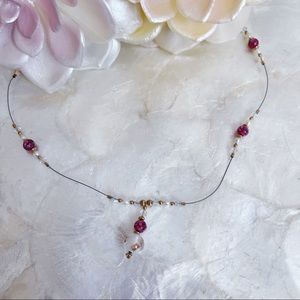 Pink White Murano Glass Bead Crystal Pearl 14K Good Filled Wire Necklace 17”